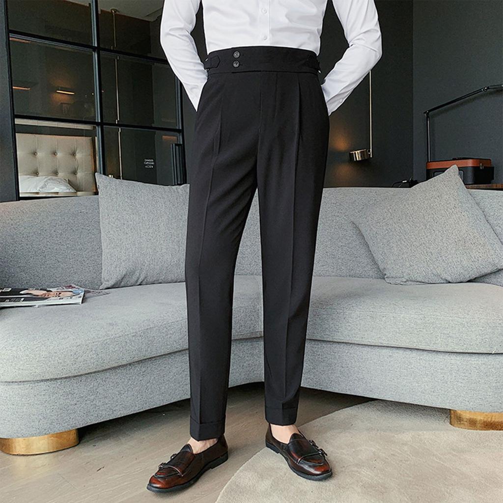 Solid Color High Waisted Pants For Men, Straight Tube Naples Casual Business Italian  Buttoned Long Suit Pants For Men