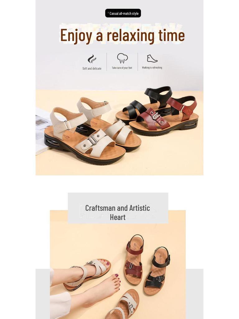 2025 Women's Genuine Leather Soft Bottom Sandals - Air Cushion Comfort for Middle-Aged & Elderly, Large Size Summer Footwear