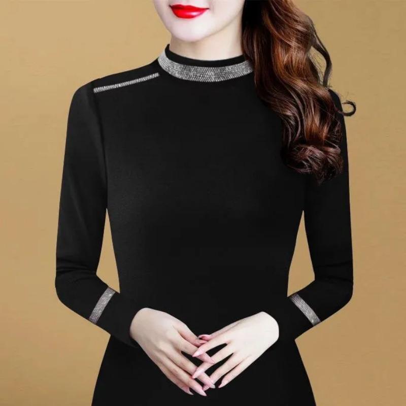 Осенне-зимняя футболка с длинными рукавами и полуворотником-стойкой для женщин, с завивкой и темпераментом, для омолаживающего эффекта, базовая майка-топ