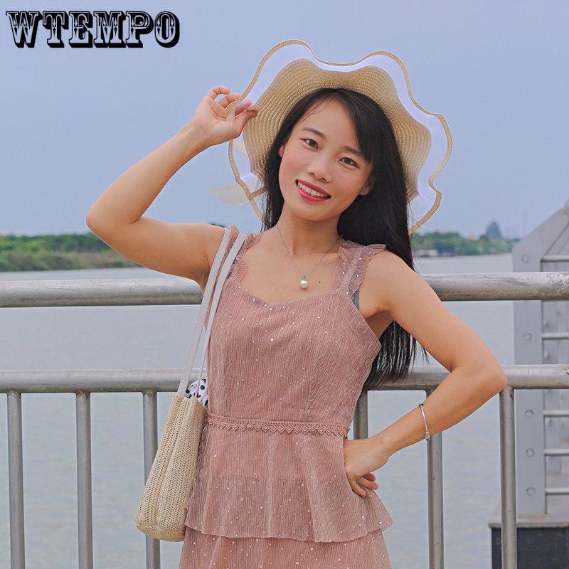 WTEMPO Соломенные шляпы с жемчугом, женские летние пляжные пляжные солнцезащитные козырьки для отдыха, солнцезащитный крем, сандалии с большими полями, однотонные солнцезащитные шляпы