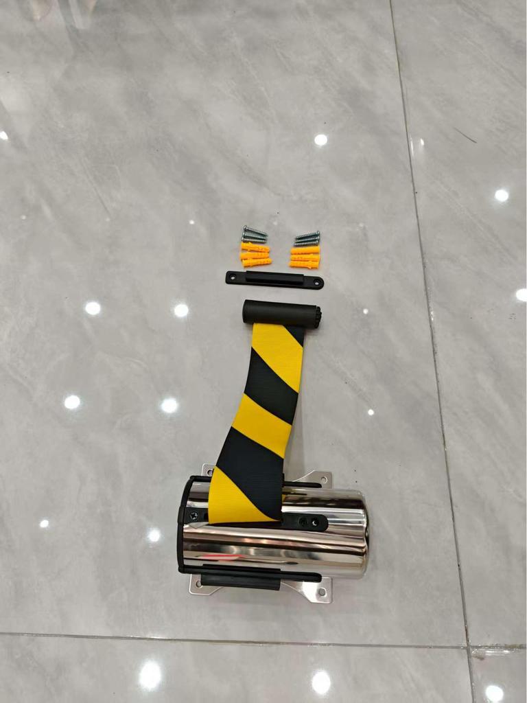 Wall-Mounted Stainless Steel Retractable Queue Barrier with Railing and Warning Tape