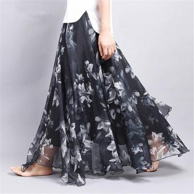 Женщины Boho длиной до пола, длинные пляжные вечеринки, свободные расклешенные винтажные богемные шифоновые юбки с цветочным принтом
