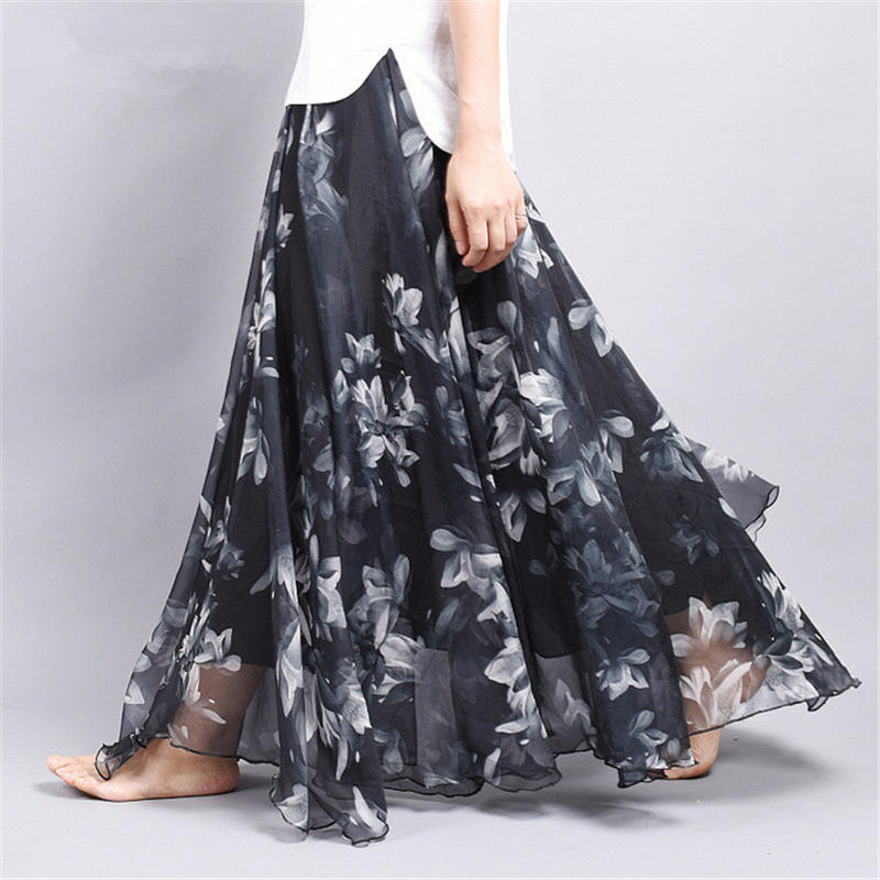 Women Boho Floor-Length Long Beach Party Loose Flare Vintage Bohemia Chiffon Floral Printed Skirts