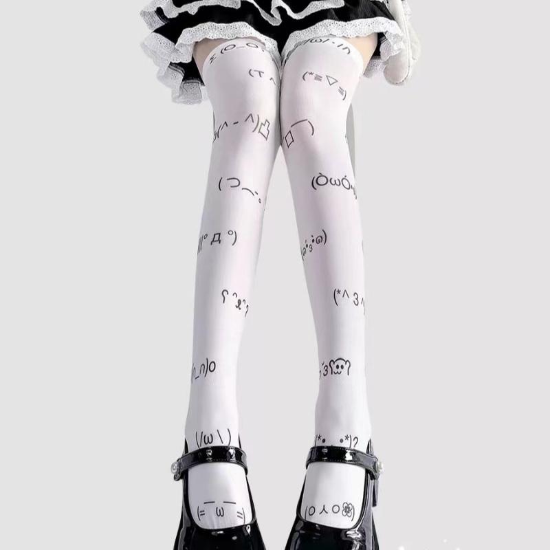 Kawaii Expression White Graffiti Letter Print Long Socks Japanese JK Harajuku Over Knee Thigh High Stockings Cosplay Socks