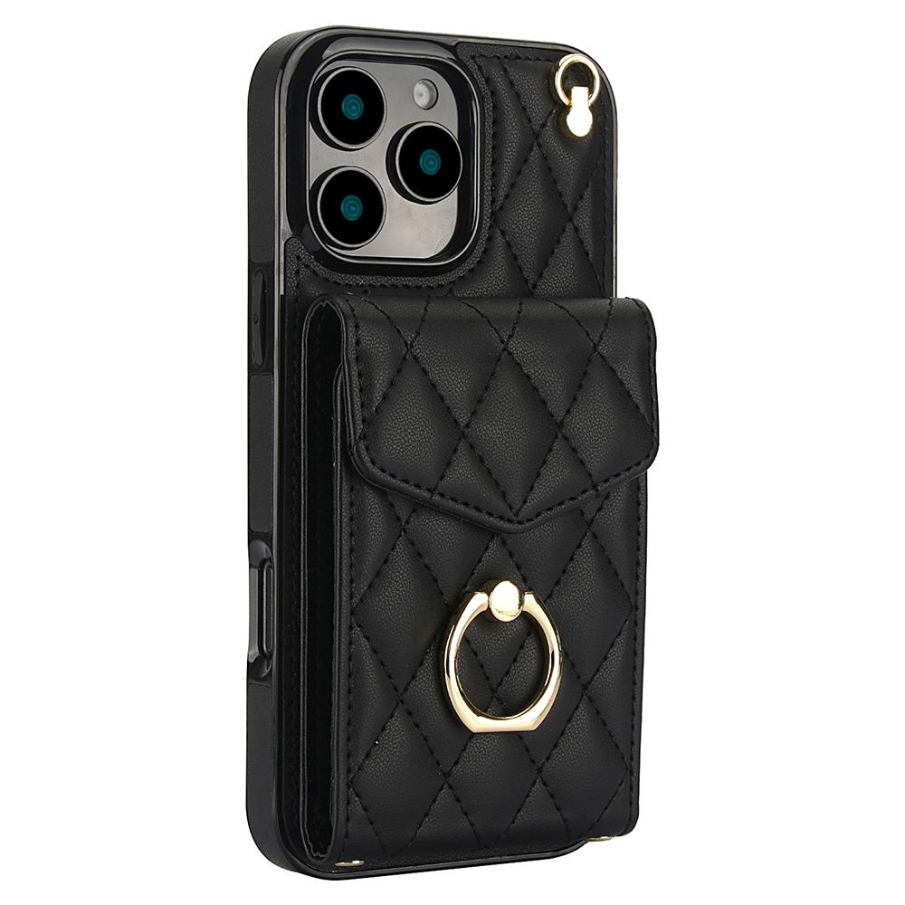 For iPhone 16 Pro Max Case Card Bag Leather+TPU Crossbody Phone Cover with Ring Kickstand