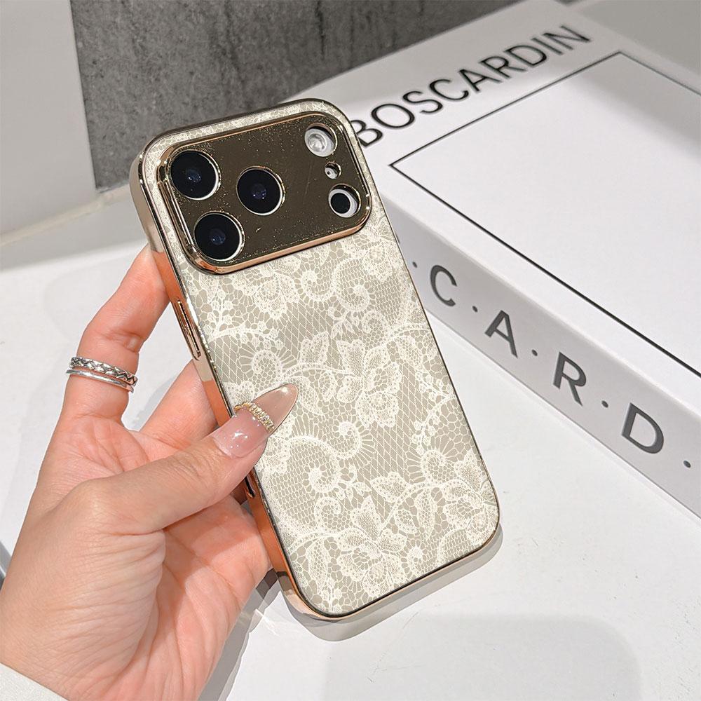 Чехол для телефона 'Счастливый старт' для iPhone 17 16 15 14 13 12 11 Pro Max 16E Золотой гальванизированный стеклянный корпус Чехол 'Кружево цвета слоновой кости'