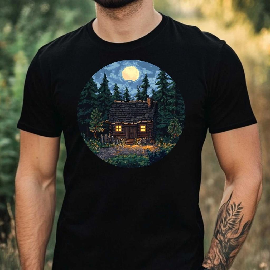 T-Shirt Herren Holzfällerhütte im Wald Motiv Baumwolle Größe XS bis 5XL