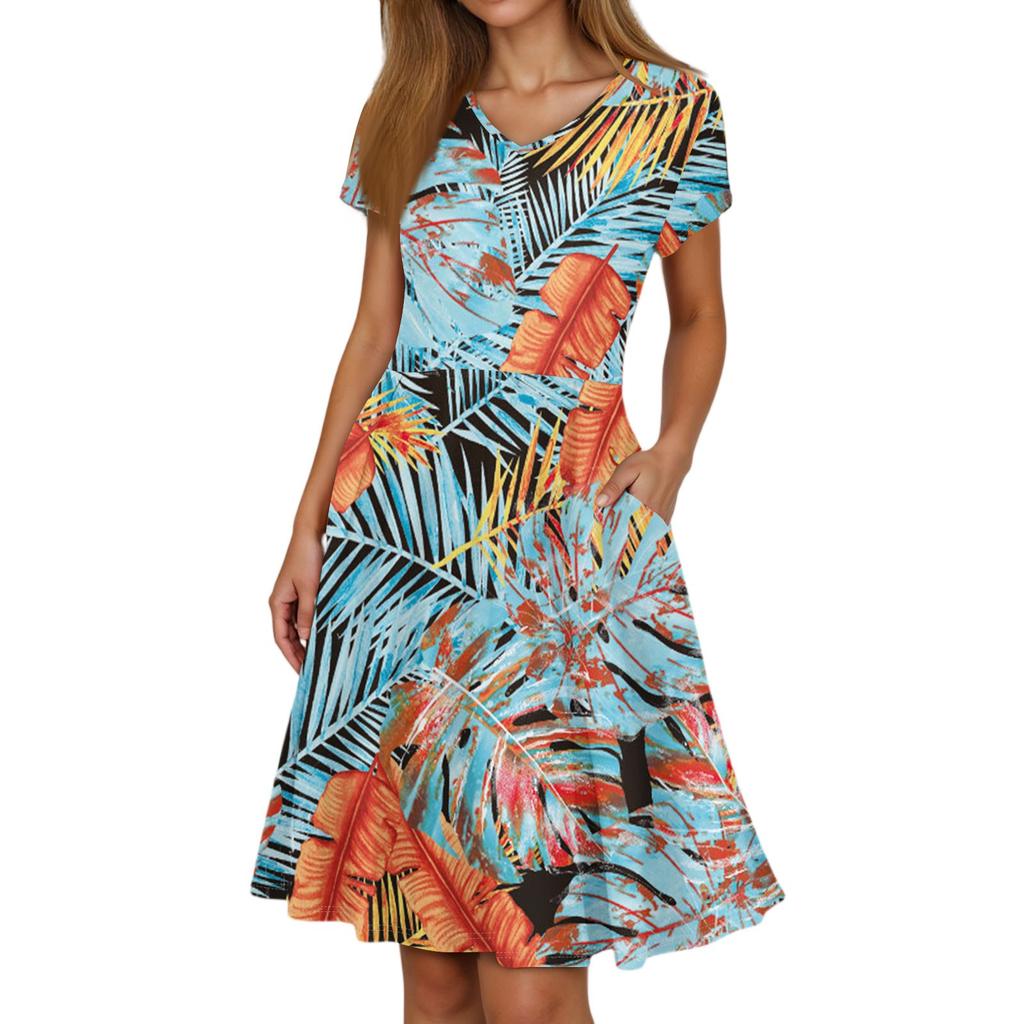 Ladies Summer Fashion Casual Floral Print V-Neck Short Sleeve Pocket Dress