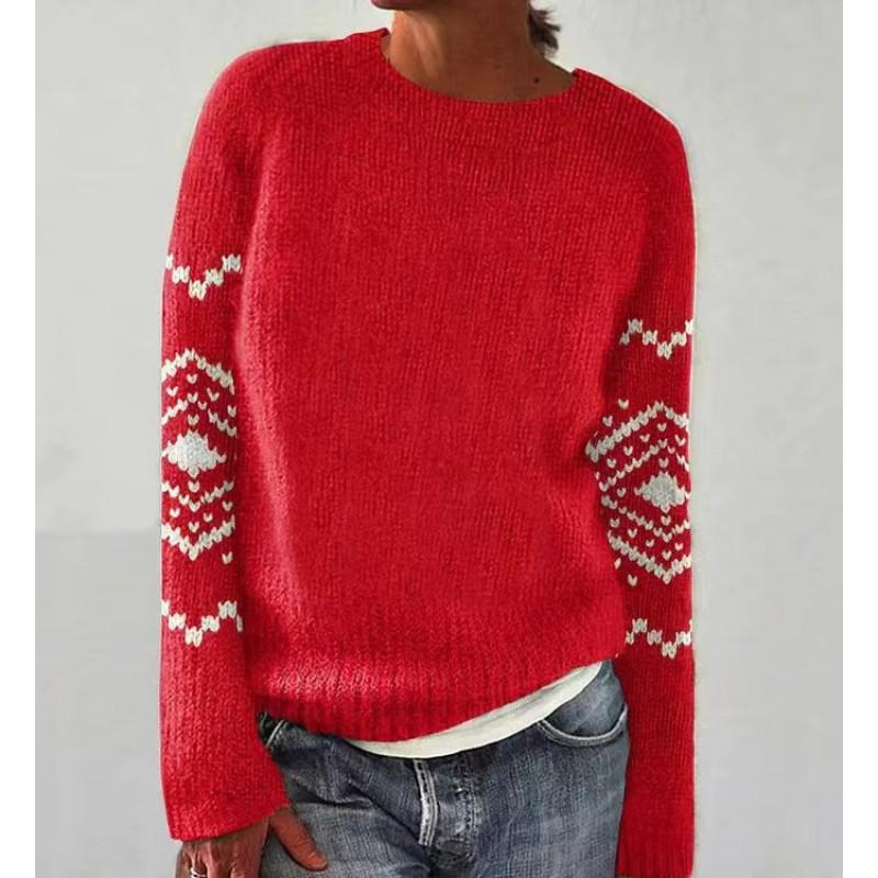 Womens Geometric Color Block Crewneck Sweater Loose Fit Long Sleeve Pullover Knit Top