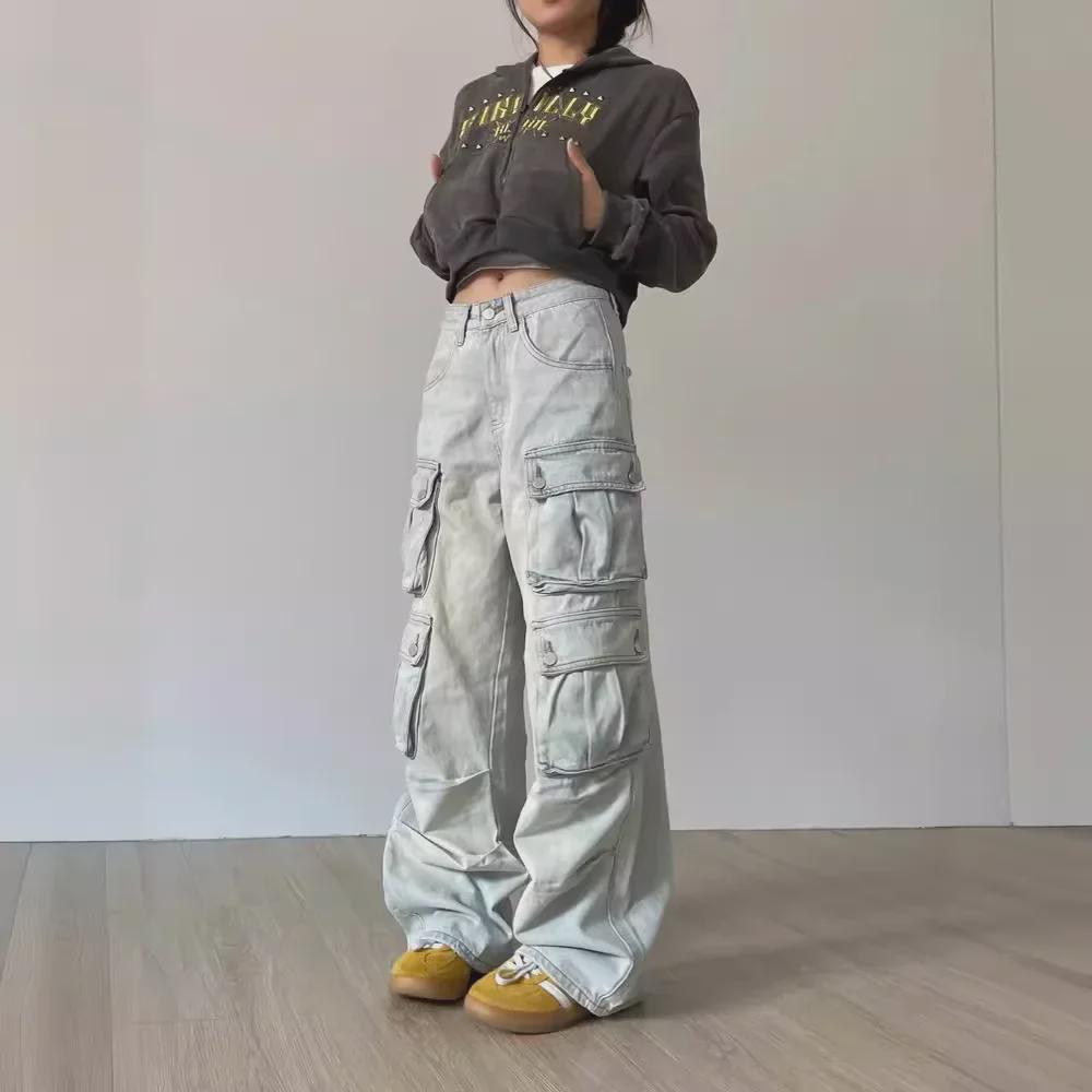 Women's Autumn Retro Washed Straight-Leg Workwear Jeans with Multiple Pockets