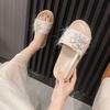 Thick-soled Slippers Women's New Rhinestone Versatile Outer Wear Flat Bottom One Word Beach Sandals Large Size -
