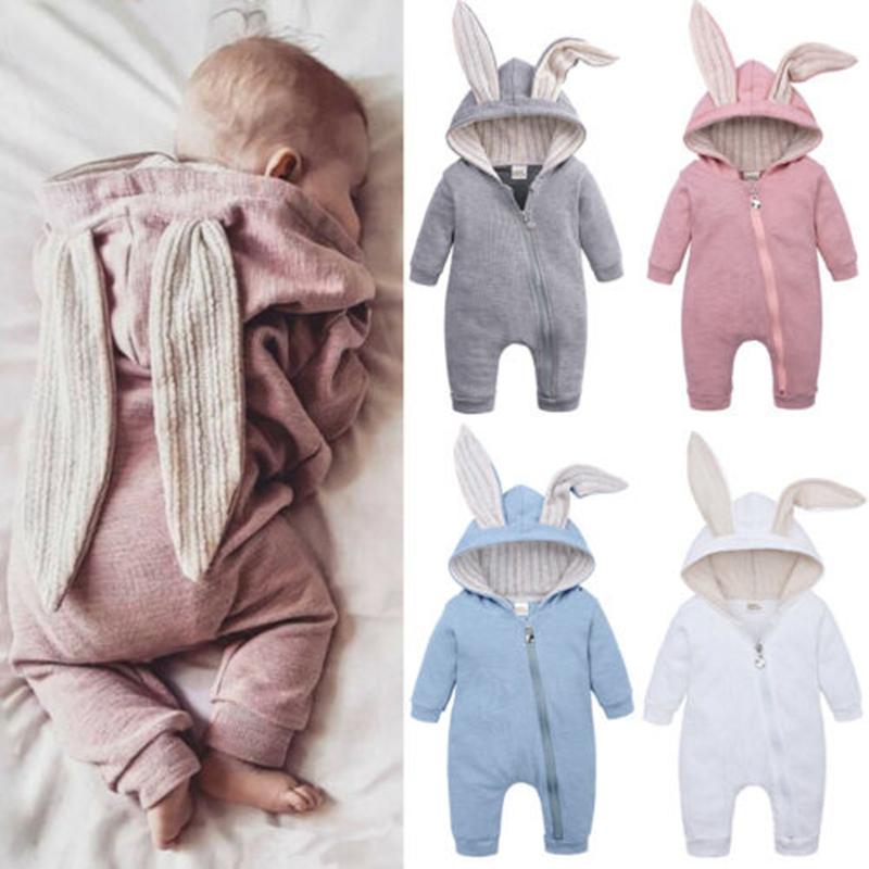 Baby 3d Rabbit Ear Long Romper Cute Long Sleeve Hoodie Jumpsuits Toddler Winter Warm Outwear