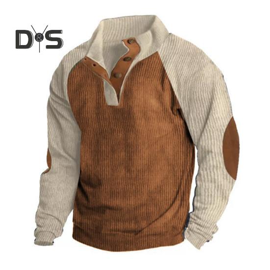 Весна Осень Мужская Толстовка Цветные Блоки Пэчворк Ретро Стиль Полуоткрытый Воротник-стойка Топ Плюс Размер Свободный Длинный Рукав Топ Повседневная Жизнь Офис