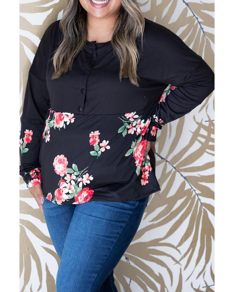 Azura Exchange Black Plus Size Floral Printed Splicing Half Button Top