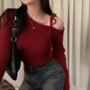 Elegant Off Shoulder Pullover Women Sweater 2025 Fashion Autumn Slant Shoulder Long Sleeve Knit Top Lace-up Solid Casual Korean Style Clothes