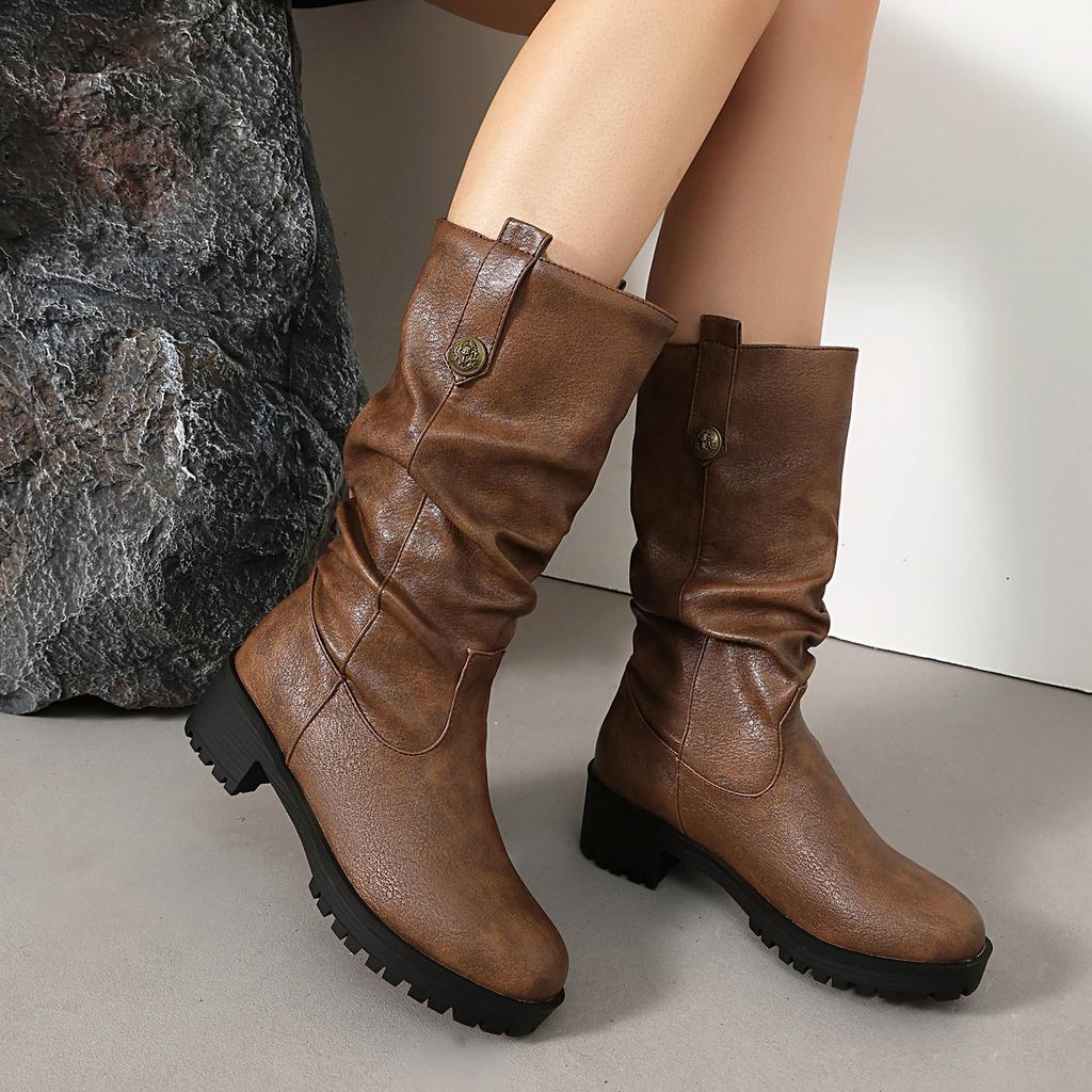 Women's Low-heeled Boots Autumn and Winter New European and American Thick-heeled Large-size Roman Medium Boots