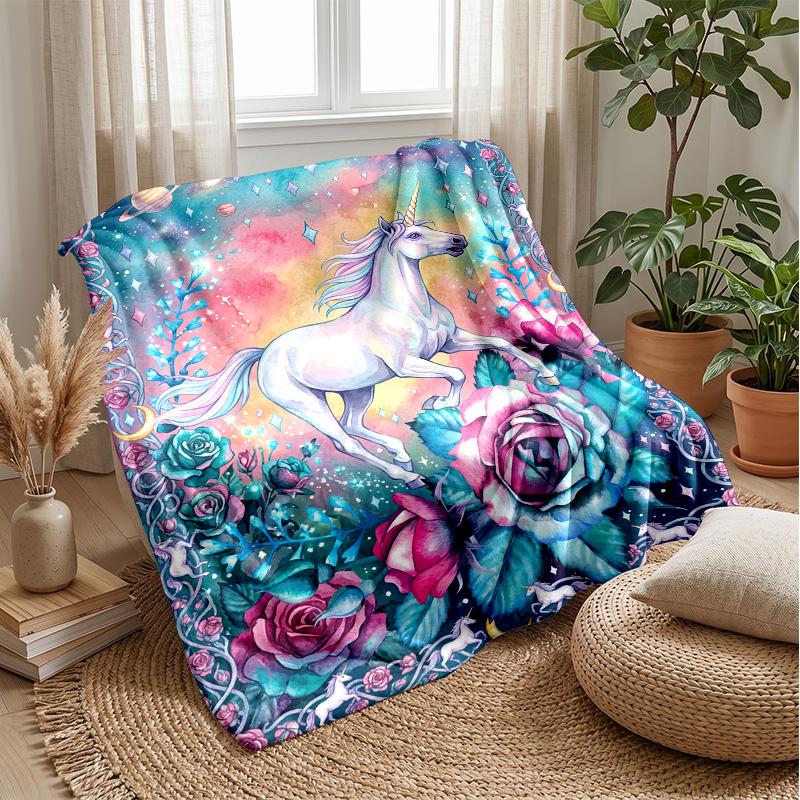 Magical Unicorn in Starry Garden Theme blanket Lightweight Warm Flannel Blanket Decorative Throw Blanket for Home Decoration
