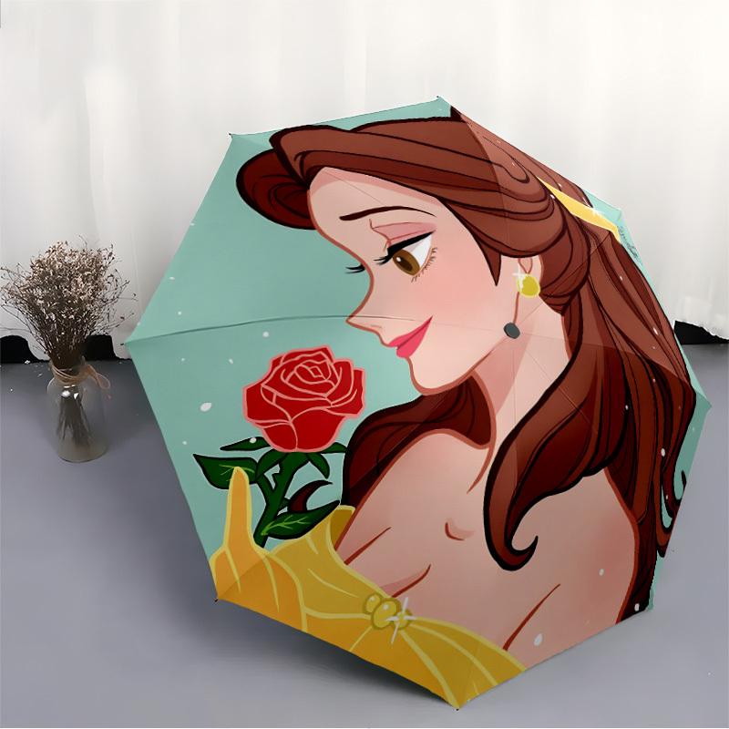1pc Beauty and the Beast Automatic Folding Umbrella: Compact 8-rib Design Cartoon Travel Companion for Outdoor, Casual Accessory