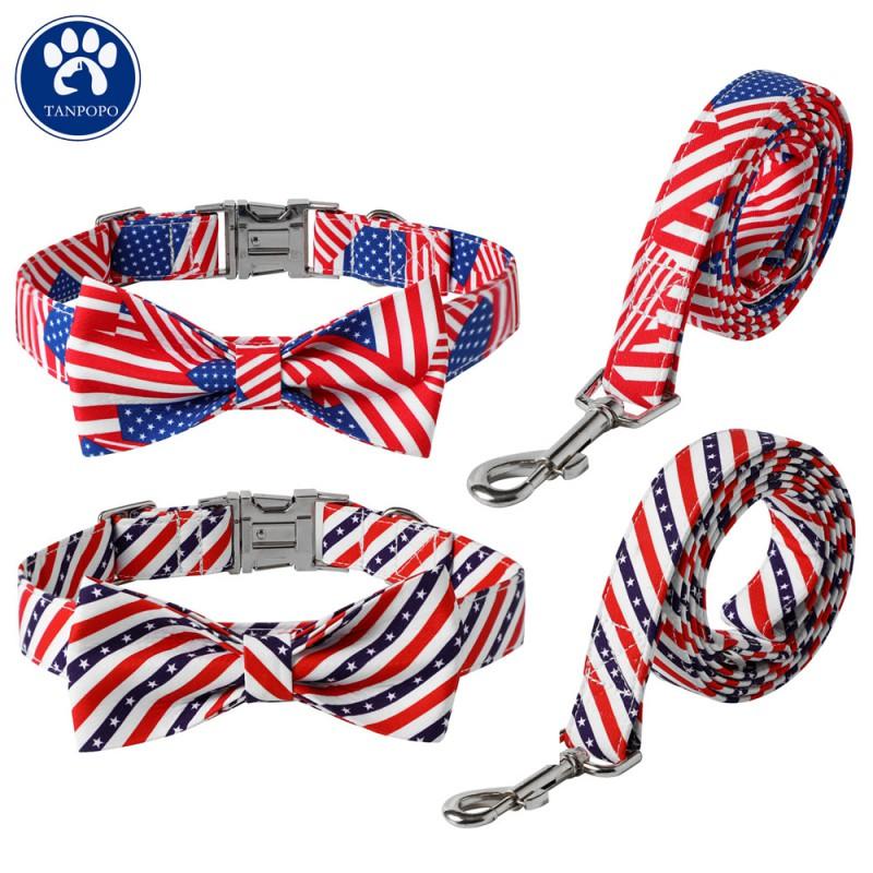 Dog Collar Leash Set Independence Day US Flag Stripe Adjustable S M L Sizes Pet Accessories