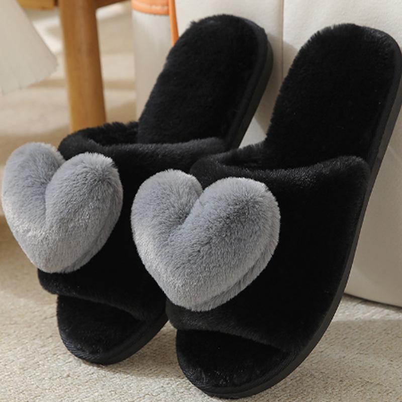 1 пара плюшевых тапочек на плоской подошве для спальни, домашние тапочки с сердечками, теплая зимняя женская обувь, милые