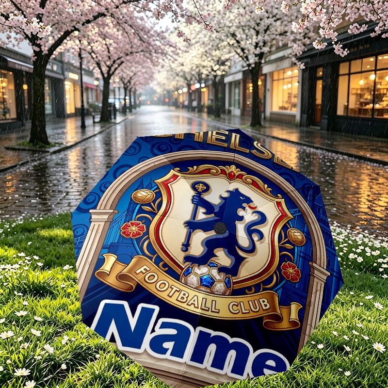 Custom Name Personalized Chelsea Football Club Print Umbrella, Auto Open Close, 8‑Rib Sturdy Frame, Commute Camping Hiking Use, Birthday Gift