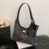 Leopard Print Velvet Shoulder Bag with Wide Strap - Large Capacity Fashion Tote
