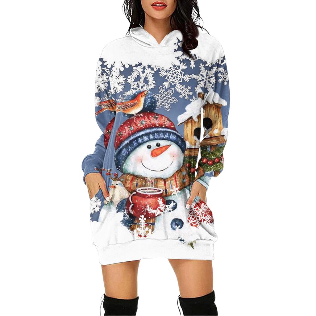 Women's Christmas Print Long-Sleeved Hooded Pocket Pullover Dress