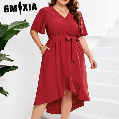 Женские модные летние весенние однотонные повседневные платья с v-образным вырезом и короткими рукавами и высокой талией