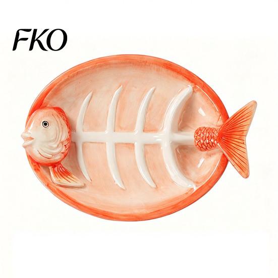 Three-dimensional Fish Plate Shaped Ceramic Dumpling Plate, Sushi Serving Tray with Red Gradient Platter Dip Sauce Grooves, Multifunctional Appetizer