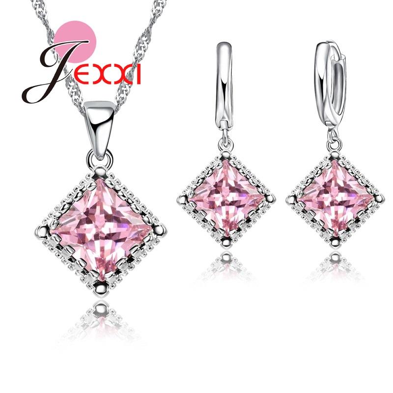 Luxury Bridesmaid Jewelry European Big Square Crystal Necklace Earrings Set 925 Sterling Silver Women Wedding Accessories