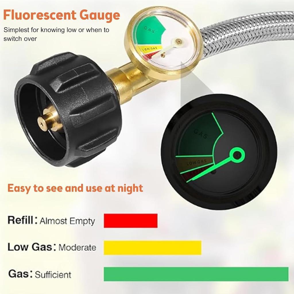 15 Inch RV Propane Hose Replacement With Gauge, 2 Pack - Stainless Steel Braided Hose For RV Two-Stage Regulator - 1/4" Male NPT & QCC1 Inlet, 350PSI