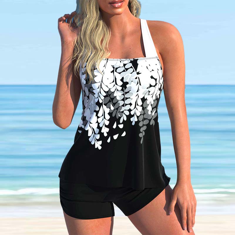 Женский купальник-бикини с бретелькой на шее и зелеными пальмами-танкини