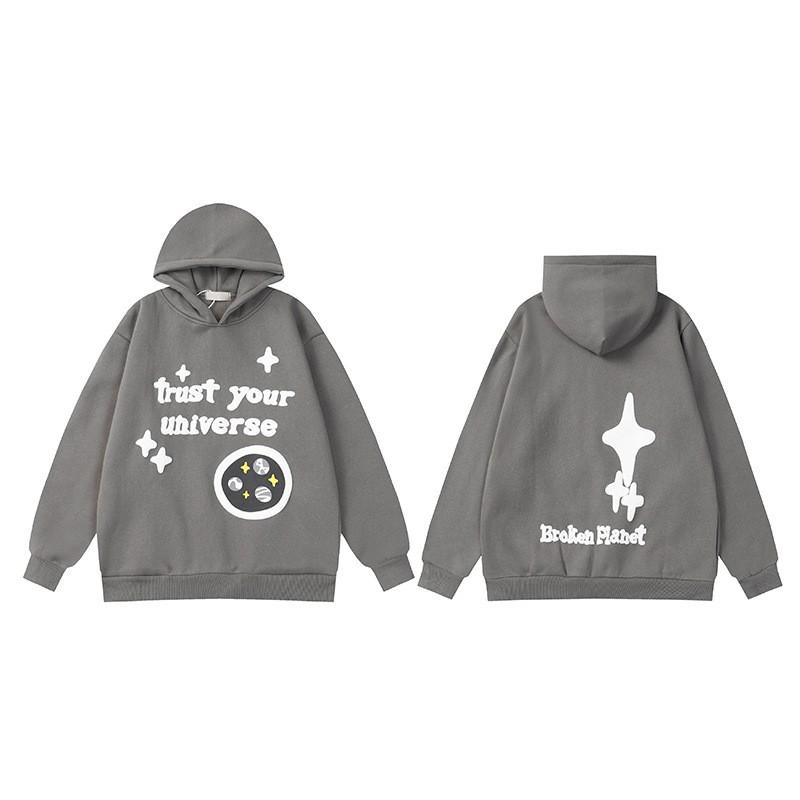 Broken Planet Oversized Hooded Sweatshirt With Puff Print Graphic Streetwear Unisex Casual Pullover Teens