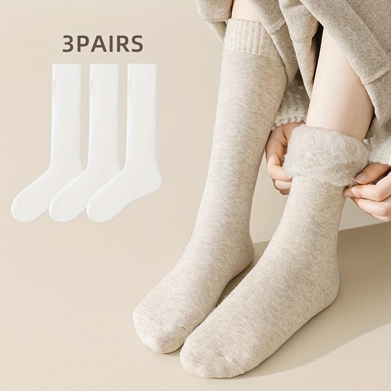 3 Pairs Solid Fleece Lined Calf Socks, Thickened & Warm Long Socks For Fall & Winter, Women's Stockings & Hosiery