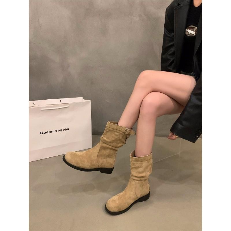 Толстые каблуки ретро средние сапоги рыцарские сапоги женские туфли 2024 новые осенне-зимние наборные маленькие короткие сапоги ботинки Martin