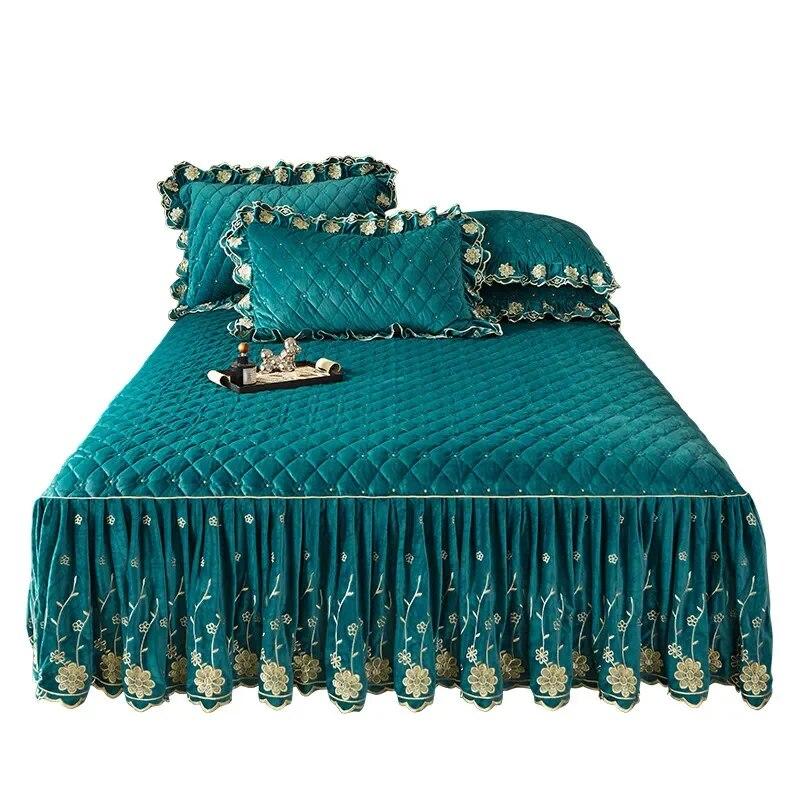 Стеганое покрывало с цветочной вышивкой, плотная бархатная юбка-кровать, роскошная мягкая юбка с 2 подушками, дропшиппинг Queen King