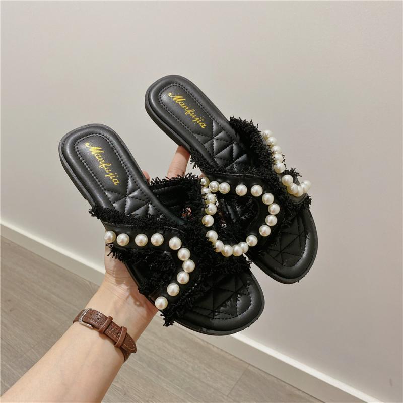 Fairy Wind Pearl Slippers Female Summer Wear 2025 Summer New Korean Version of One-word Drag Flat-soled Soft-soled Beach Shoes Female