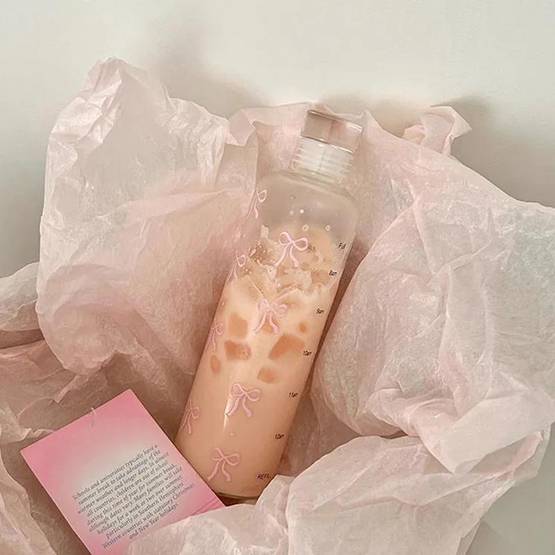 500Ml Kawaii Bow Plastic Water Bottle With Time Scale Transparent Water Cup Outdoor Sports School Drinking Water Bottle