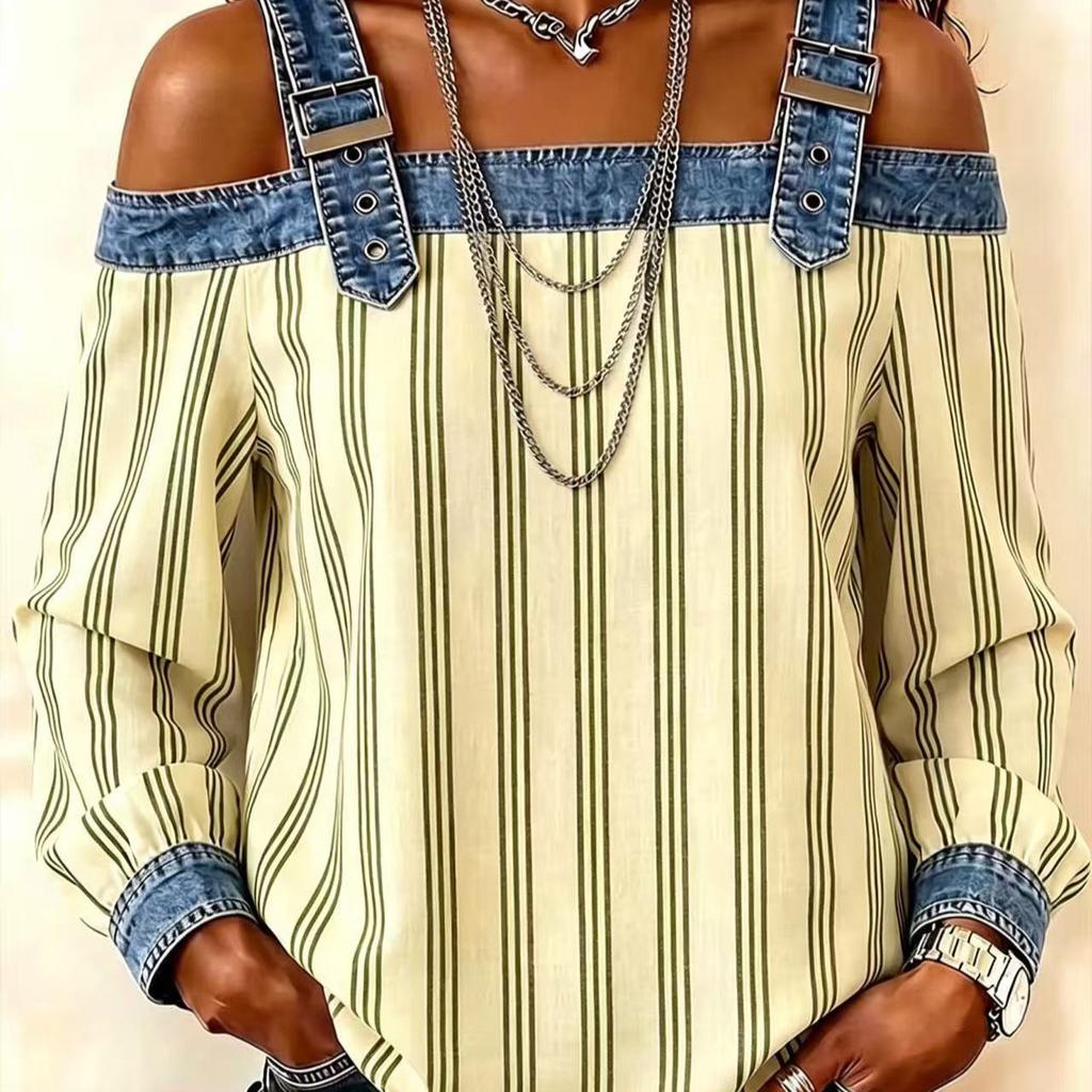 1116 New denim spliced off-shoulder top, adjustable suspender striped long-sleeved loose casual shirt