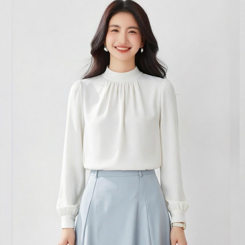 Elegant French Style Beige Chiffon Blouse Women Loose Fit Long Sleeve Shirt With Flattering Cut