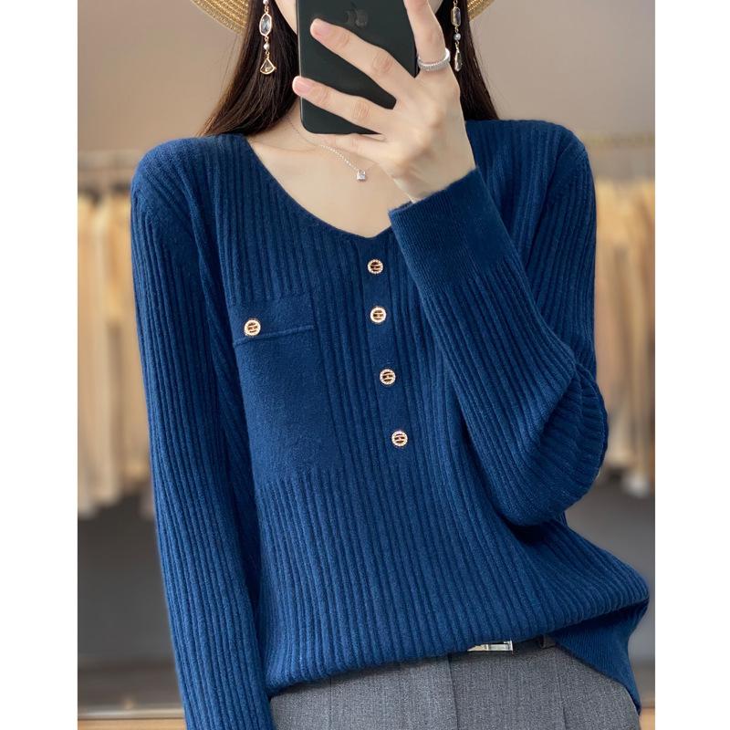 DAFIFY Women's Fashion Casual Fall Winter Solid Color Print Long Sleeve V-Neck Sweaters