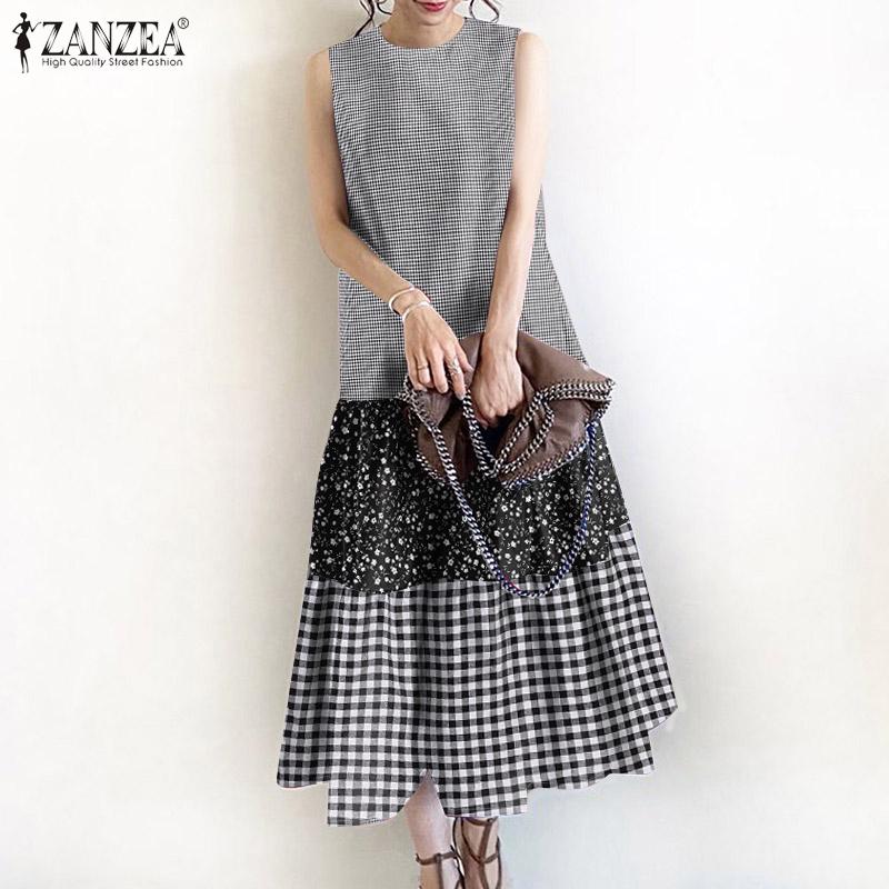 ZANZEA Women Casual O-neck Summer Plaid Print Sleeveless Long Dress