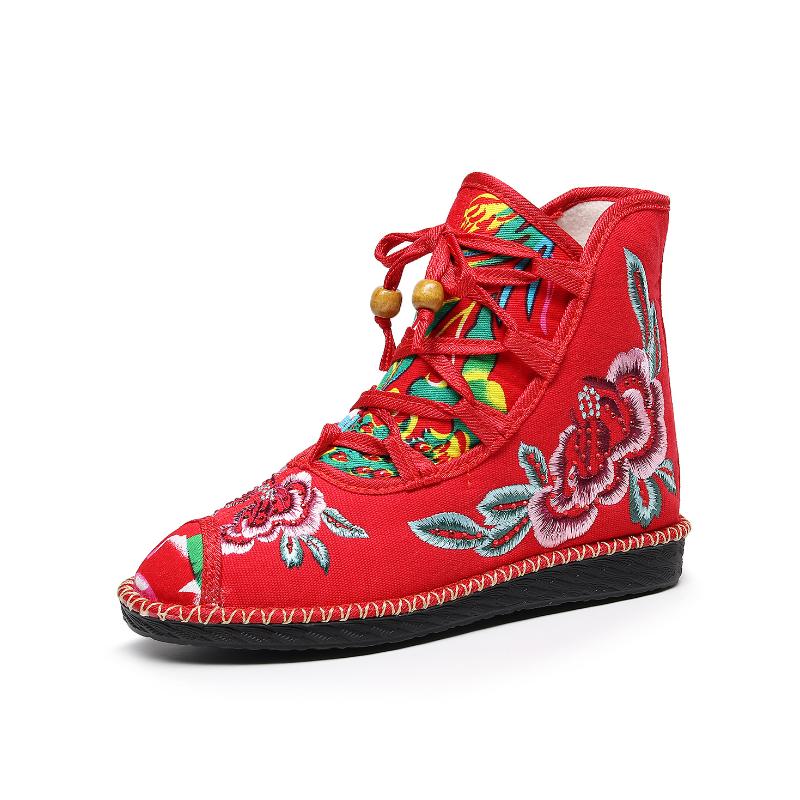Vintage Flower Embroidered Women Canvas Boots Hidden Wedge Heel Ladies Platforms Shoes Comfort Booties Retro Boats De Mujer