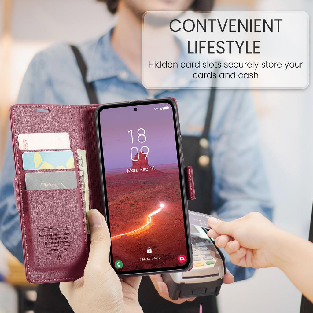 For Samsung Galaxy A55 5G Leather Case CASEME 023 RFID Blocking 3 Card Slot Mobile Cover