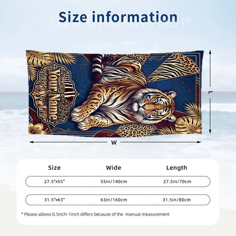 Tiger Forest Majesty Theme Quick Dry Beach Towel Custom Name Text Print Large Sand Resistant Towel Beach Vacation