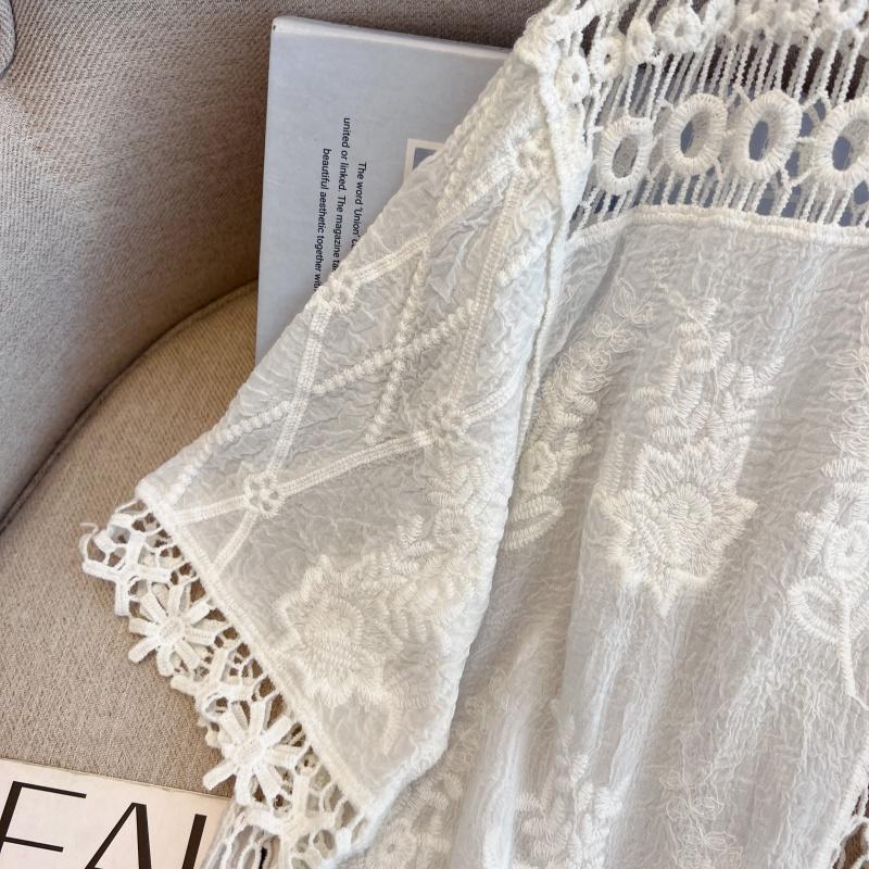 Dimanaf 2025 Новая летняя рубашка на пуговицах Женская кружевная блузка Вышивка Короткий рукав Модные топы Футболки Повседневные свободные футболки