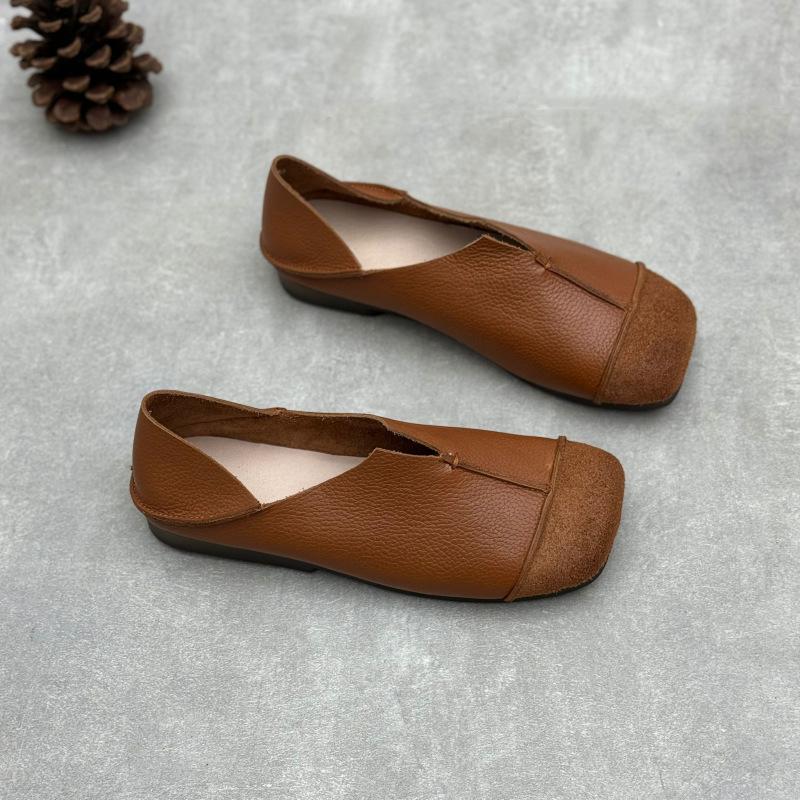 Genuine Leather Single Shoes for Spring and Summer Artistic Square Toe Flat Shoes for Lazy People Soft Cowhide Women's Shoes