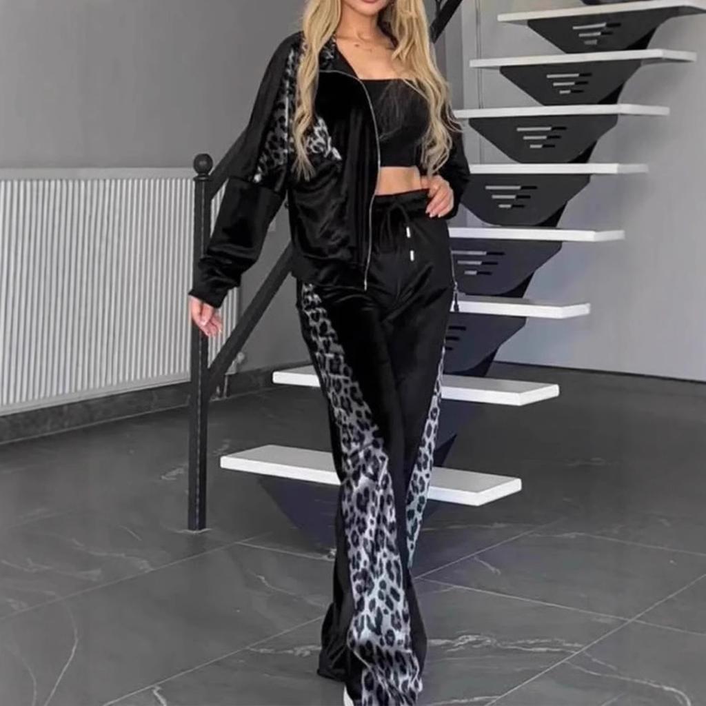 Женский комплект из двух частей: топ с длинными рукавами, застежкой-молнией, леопардовым принтом и брюки