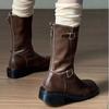 Модная дизайнерская женская обувь 2024 года, осень-зима, новые женские сапоги на платформе, классические коричневые сапоги с круглым носком, британские женские сапоги до середины голени