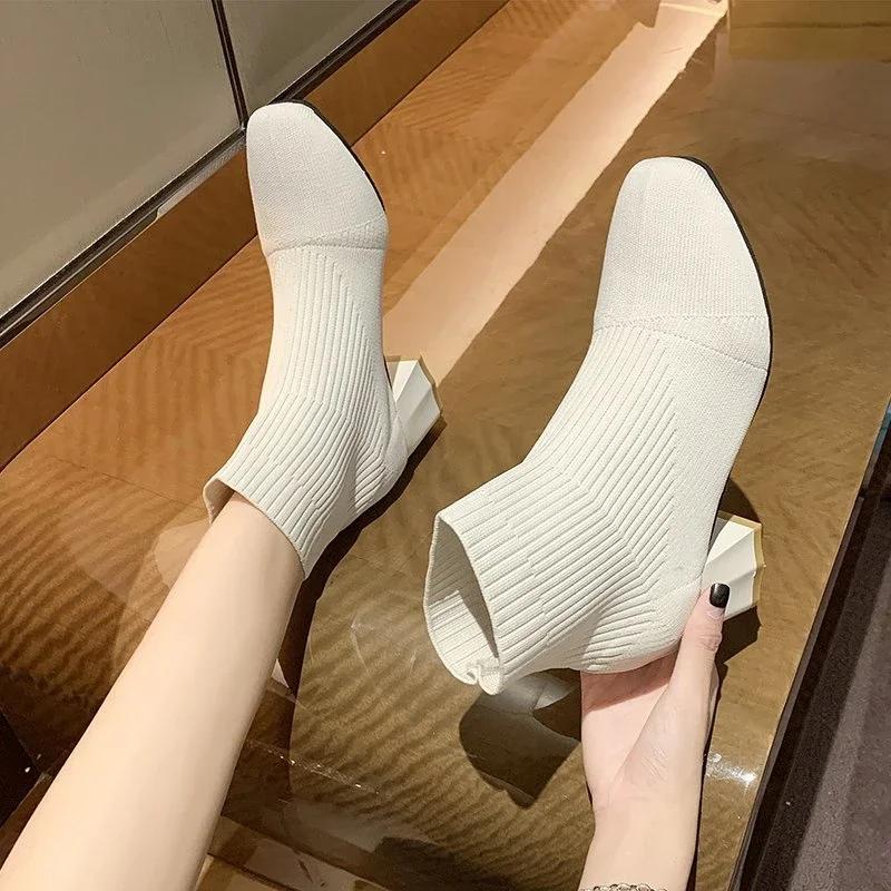 Women's Stretch Fabric Short Boots Women's 2024 High Heels Round Toe Women's Stiletto Heels Fashion Ankle Boots Rubber Autumn